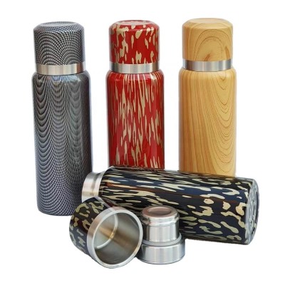 Stainless Steel Vacuum Bottle  Wood Marble Carbon Fiber Pattern Thermal  Drinking Bottle